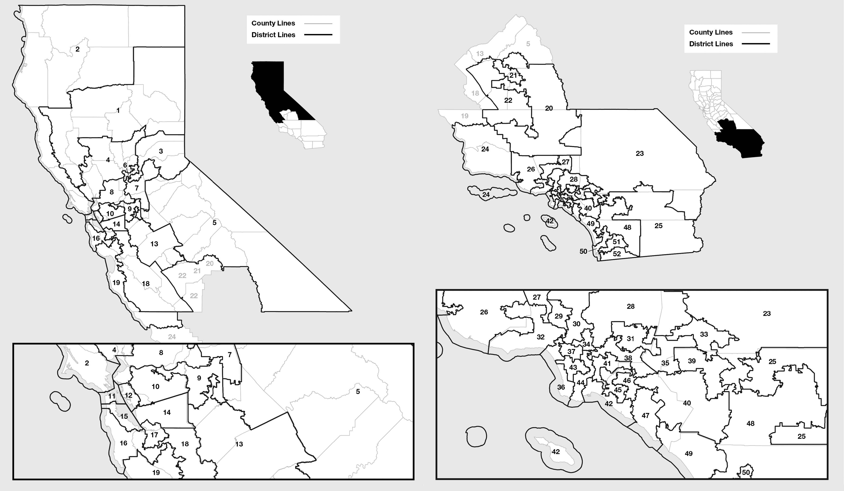 Map of California's 2025 Congressional Districts split North and South